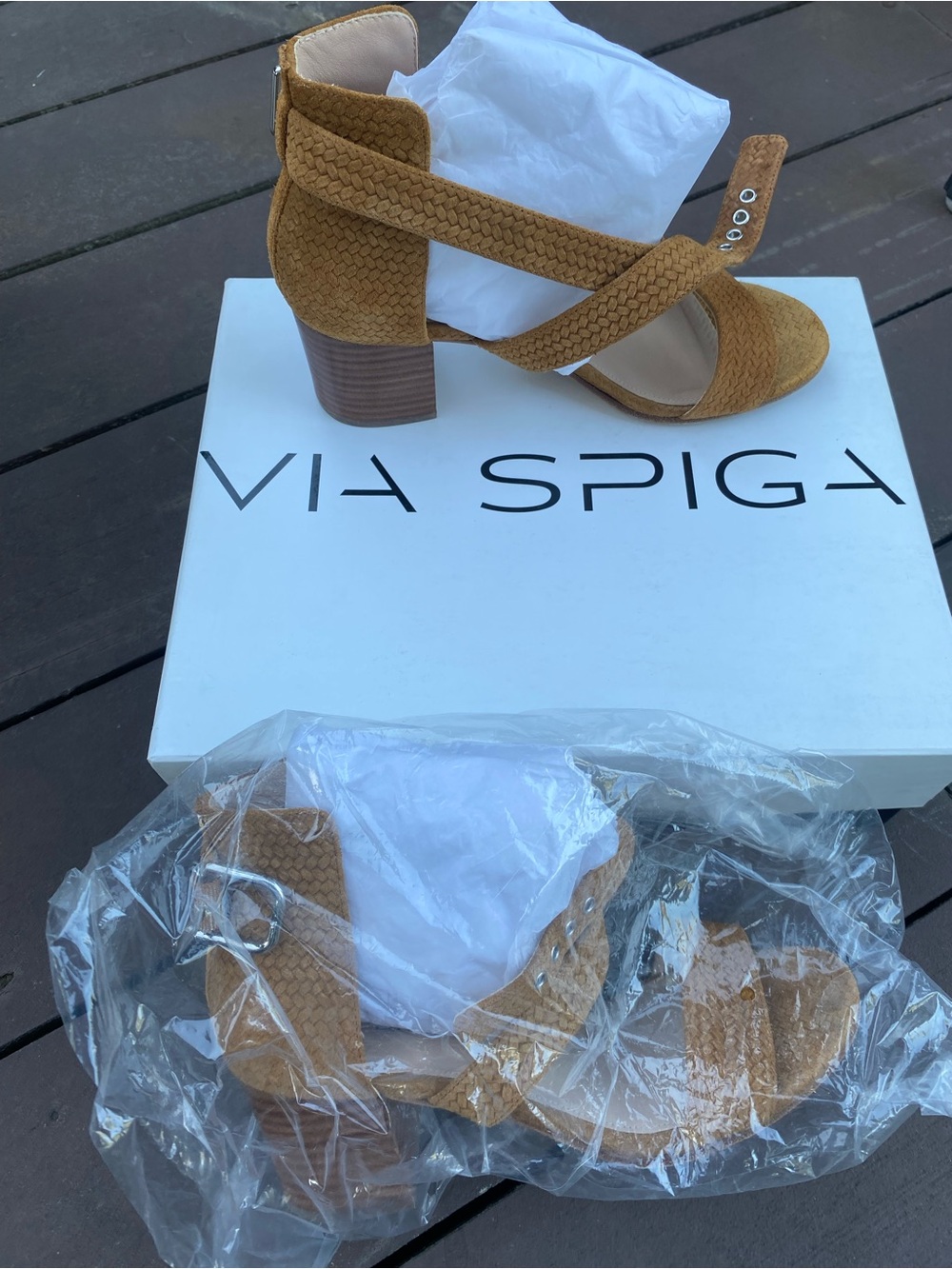 Via Spiga Cognac Braided Suede Block Heel Sandals